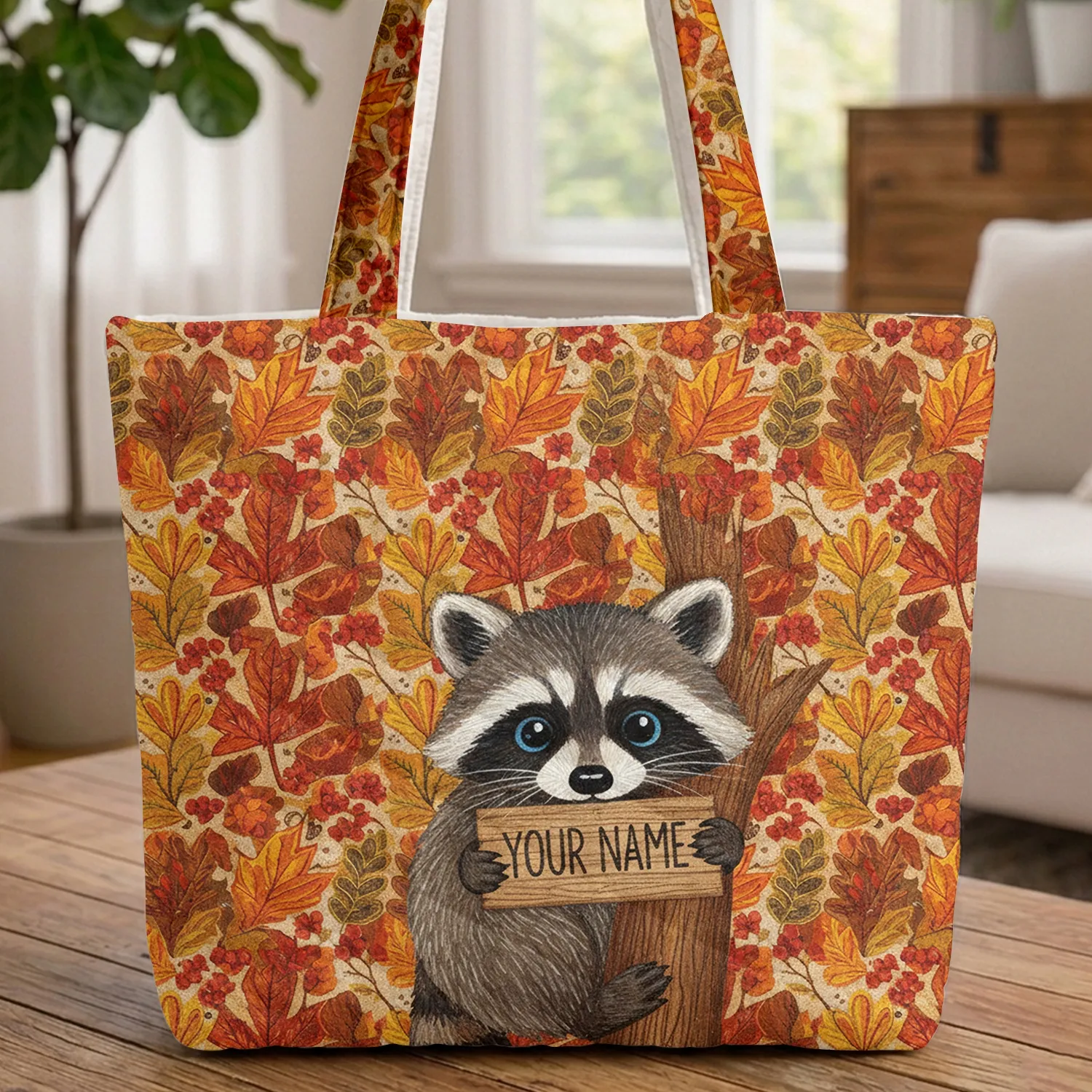 Raccoon Wooden Sign Autumn Leaves - Wildlife Lover Everyday Carry Gift Quilted Tote Bag - 1
