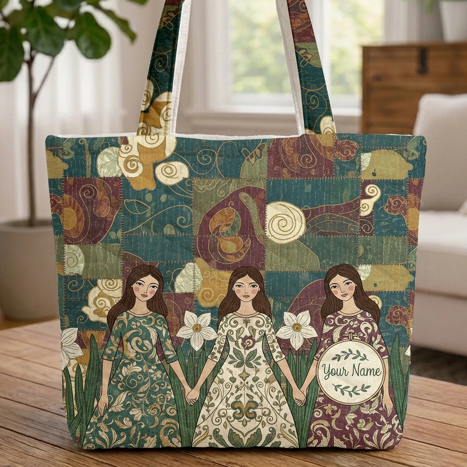 Women Holding Hands Patchwork Quilt Leaf Accents Daffodil - Everyday Carry Gift Quilted Tote Bag - 1
