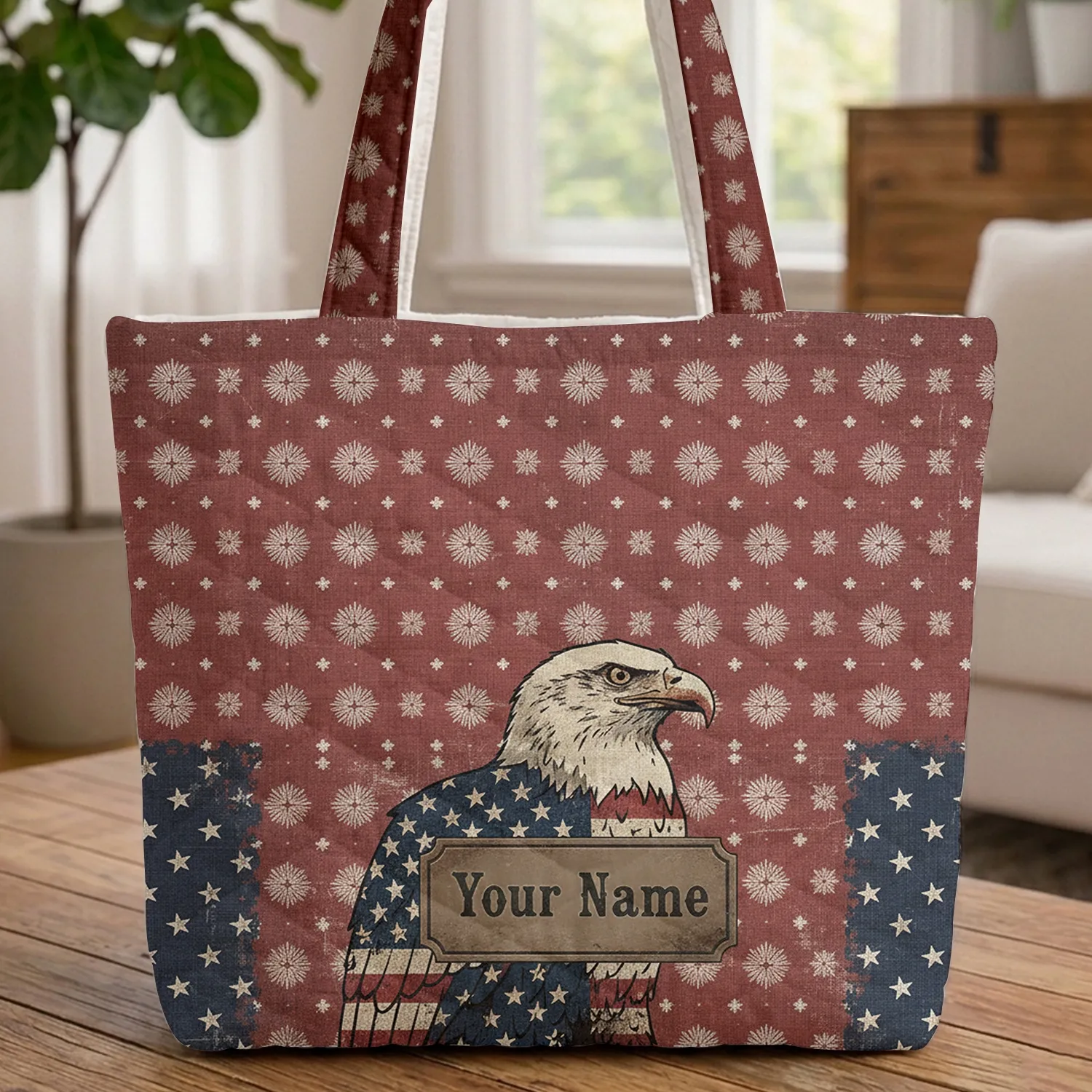 Personalized Bald Eagle American Flag - Everyday Carry Gift for Veterans Quilted Tote Bag - 1