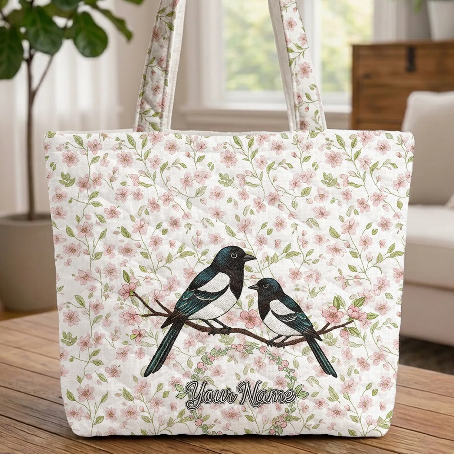 Personalized Magpie Birds Cherry Blossom Everyday Carry Gift Quilted Tote Bag - 1