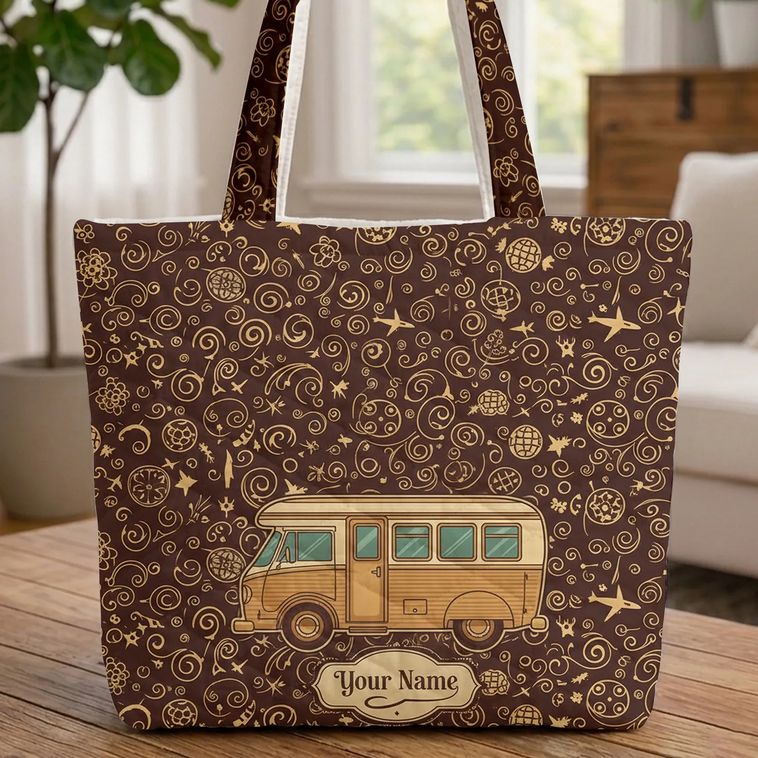 Ornate Vintage Camper Van Travel Symbols Scrollwork Everyday Carry Gift for Travelers Quilted Tote Bag - 1