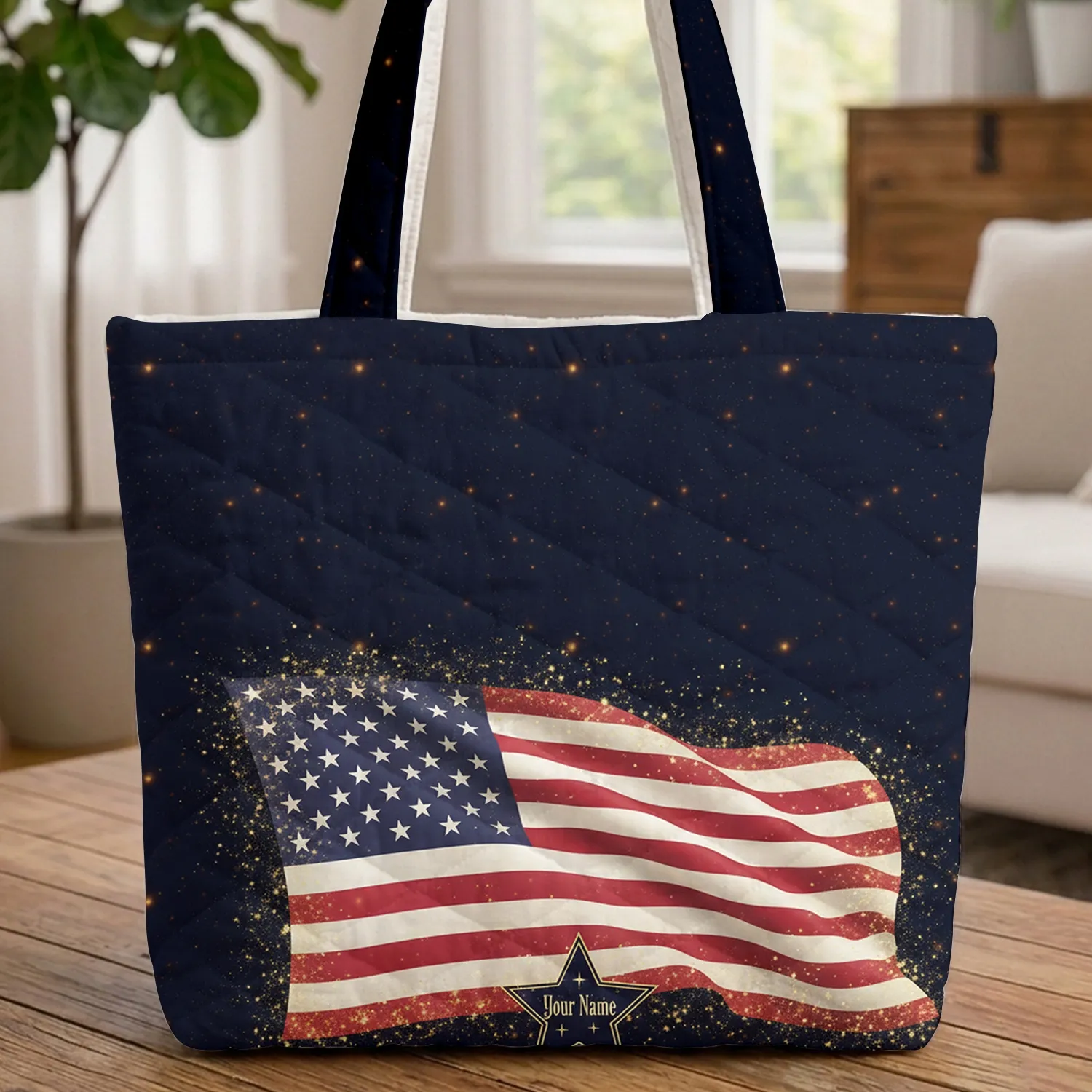 Waving American Flag Glowing Sparkling Star Cosmic Sky - Independence Day Everyday Carry Gift Quilted Tote Bag - 1