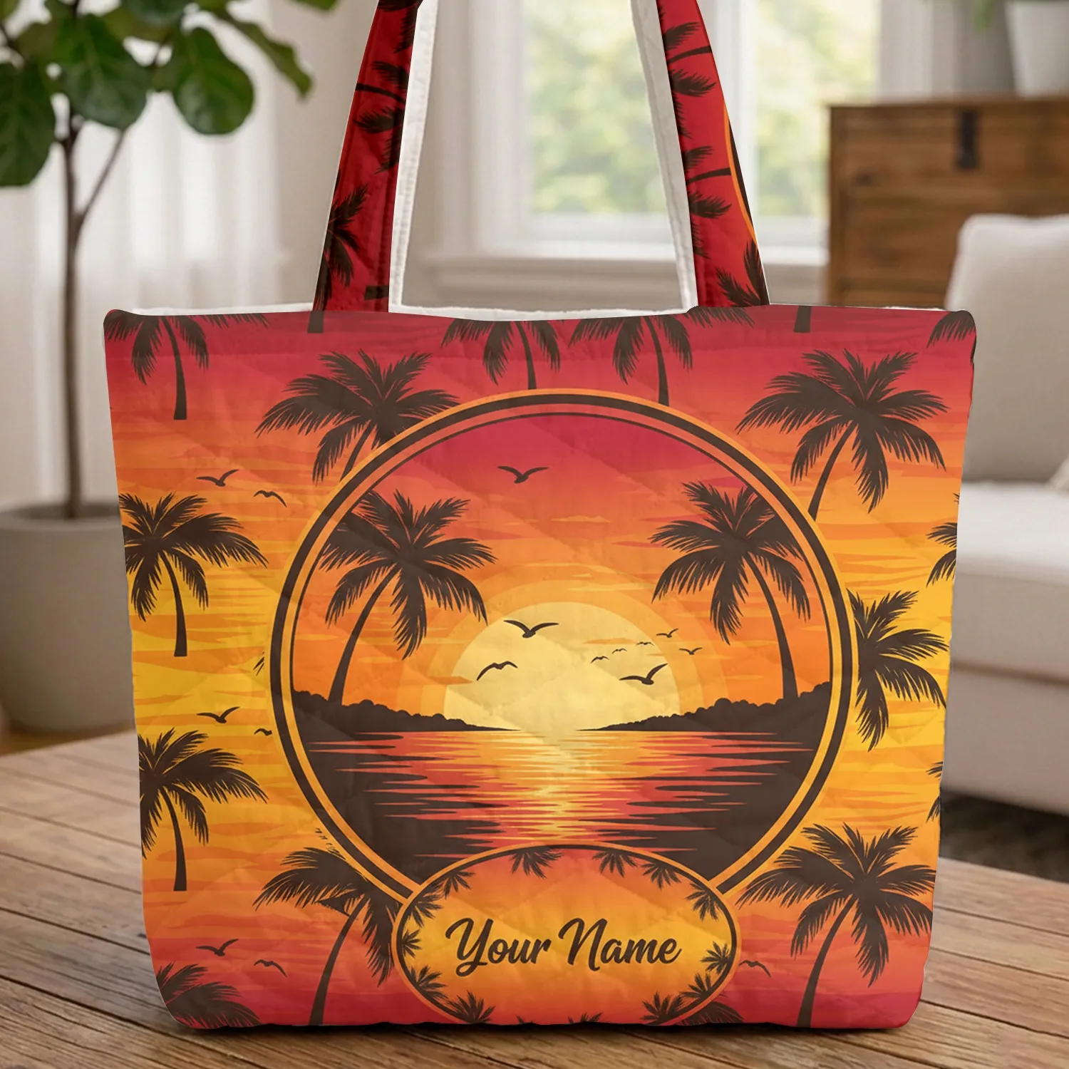 Palm Frond Bird Tropical Sunset Rippling Water - Everyday Carry Travel Essentials Quilted Tote Bag - 1