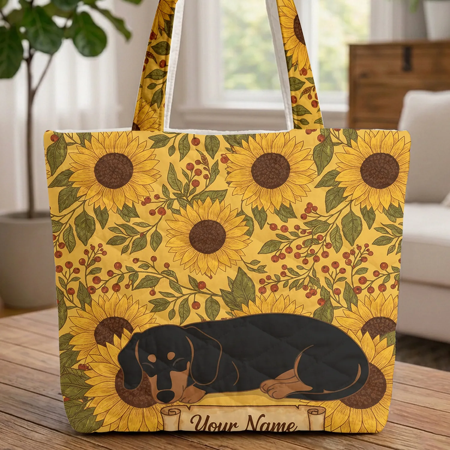 Sleeping Dachshund Sunflower Berries Everyday Carry Gift Quilted Tote Bag - 1