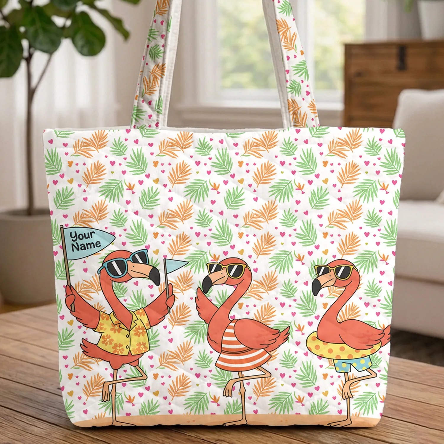 Flamingo Sunglasses Tropical Leaves Pink Hearts Pennant - Summer Everyday Carry Gift Quilted Tote Bag - 1