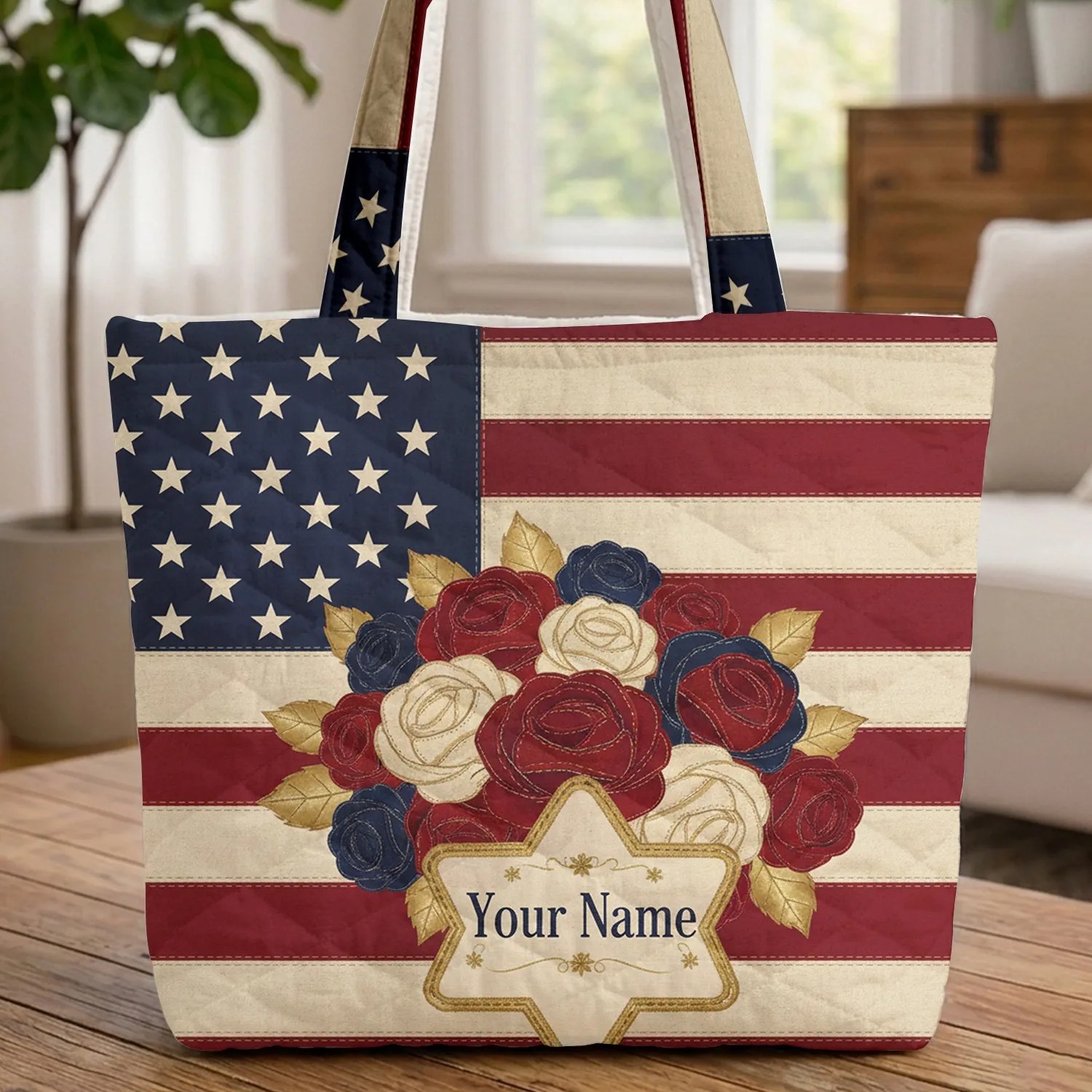 American Flag Fabric Roses - Independence Day Gift for Veterans Quilted Tote Bag - 1