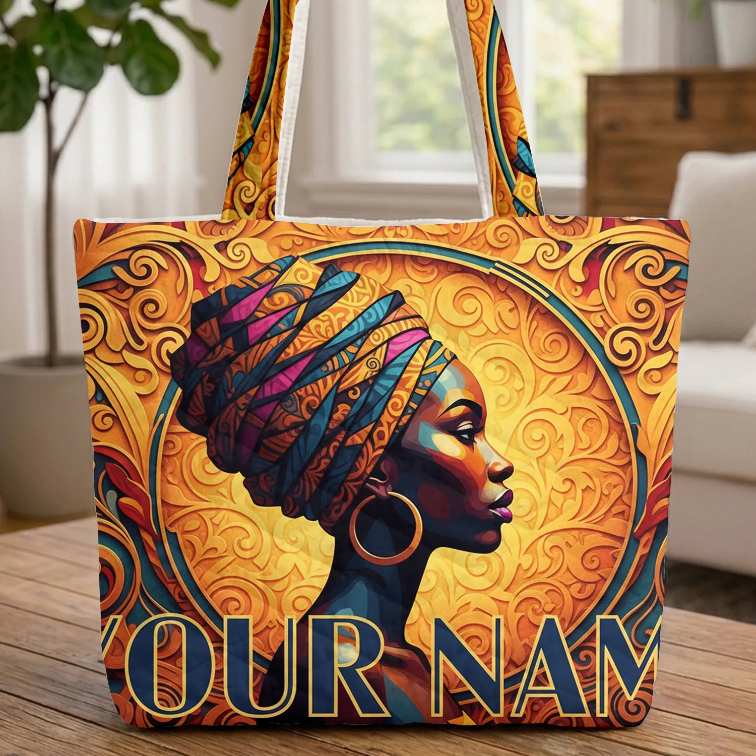 Proud Cubist Woman Profile Headwrap Hoop Earrings Personalized Name - Everyday Carry Gift Quilted Tote Bag - 1