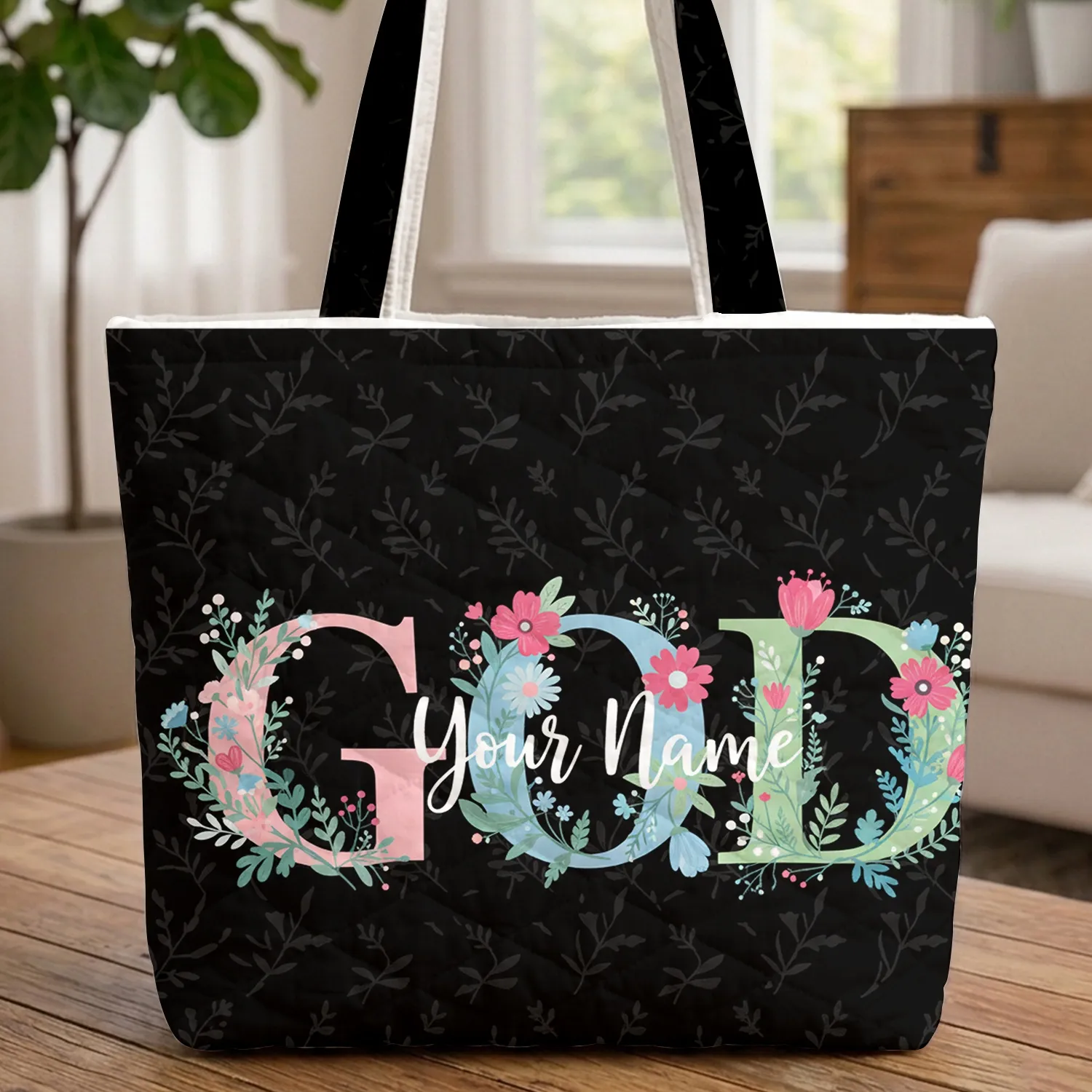 Ornate GOD Floral Letters - Everyday Carry Gift Quilted Tote Bag - 1