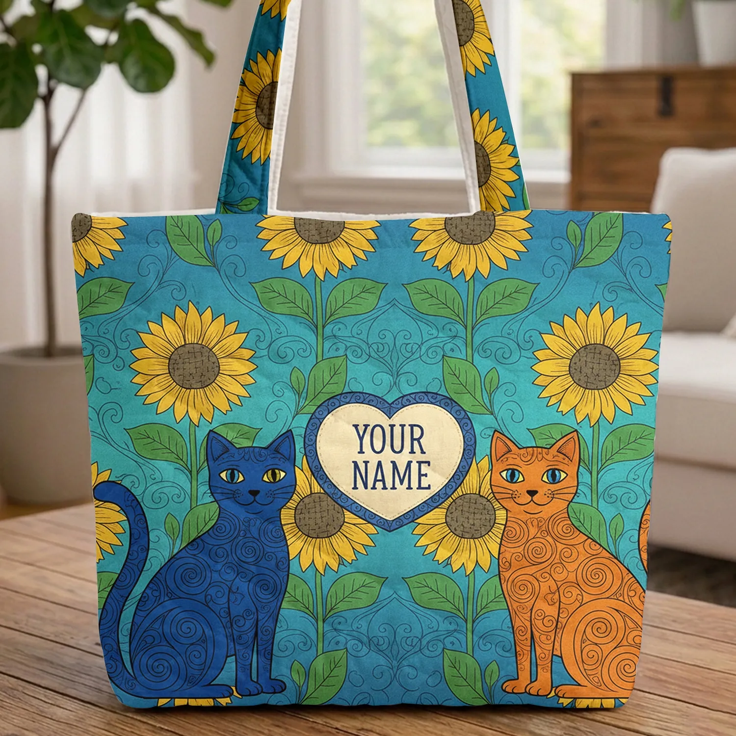 Folk Art Blue Orange Cats Yellow Green Sunflowers Heart Everyday Carry Gift Quilted Tote Bag - 1