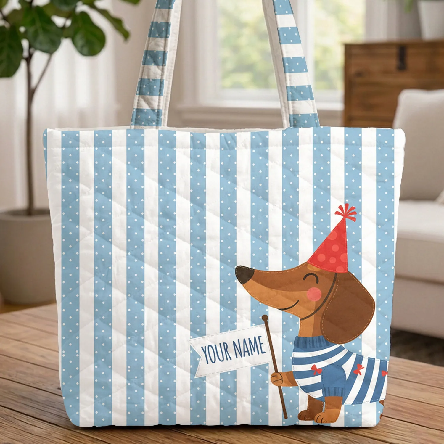 Dachshund Dog Holding Pennant Flag - Everyday Carry Gift for Dog Lover Quilted Tote Bag - 1