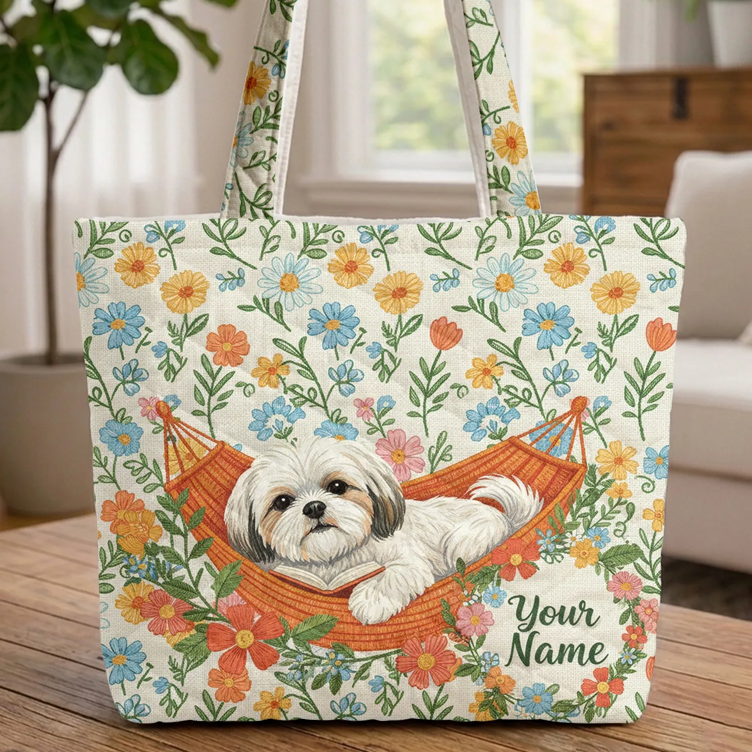 Shih Tzu Dog Book Hammock Wildflower Wreath - Everyday Carry Gift for Book Lover Quilted Tote Bag - 1