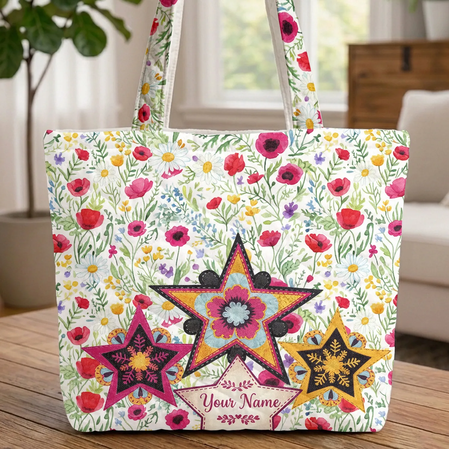 Wildflower Star Floral Personalized Name Monoline Cursive - Everyday Carry Gift Quilted Tote Bag - 1