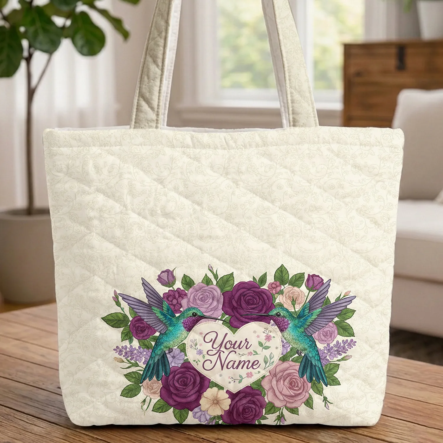 Hummingbirds Rose Heart Floral Personalized Name Flower Lover Everyday Carry Gift Quilted Tote Bag - 1