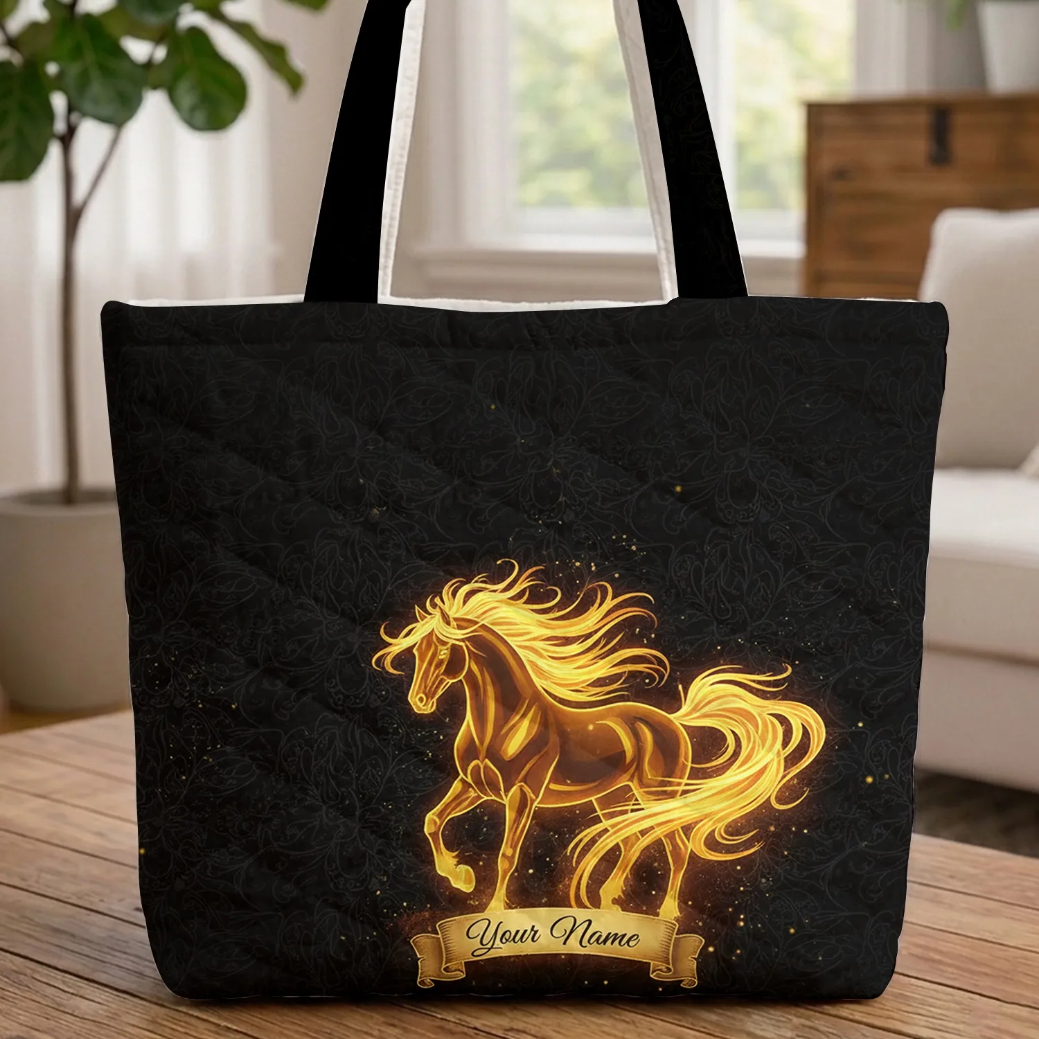 Glowing Majestic Fire Horse Name Scroll - Travel Essentials Gift for Horse Lover Quilted Tote Bag - 1