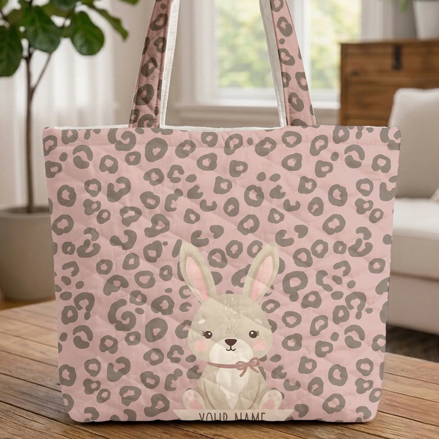 Rabbit Name Ribbon Leopard Spots - Everyday Carry & Travel Essentials Gift for Kids Quilted Tote Bag - 1