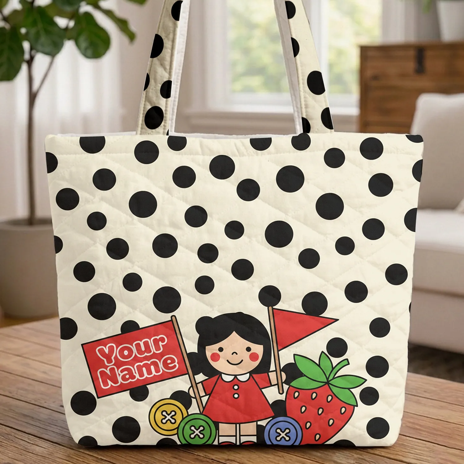 Doll Character Vintage Buttons Red Strawberry Black Polka Dots - Everyday Carry Gift Quilted Tote Bag - 1