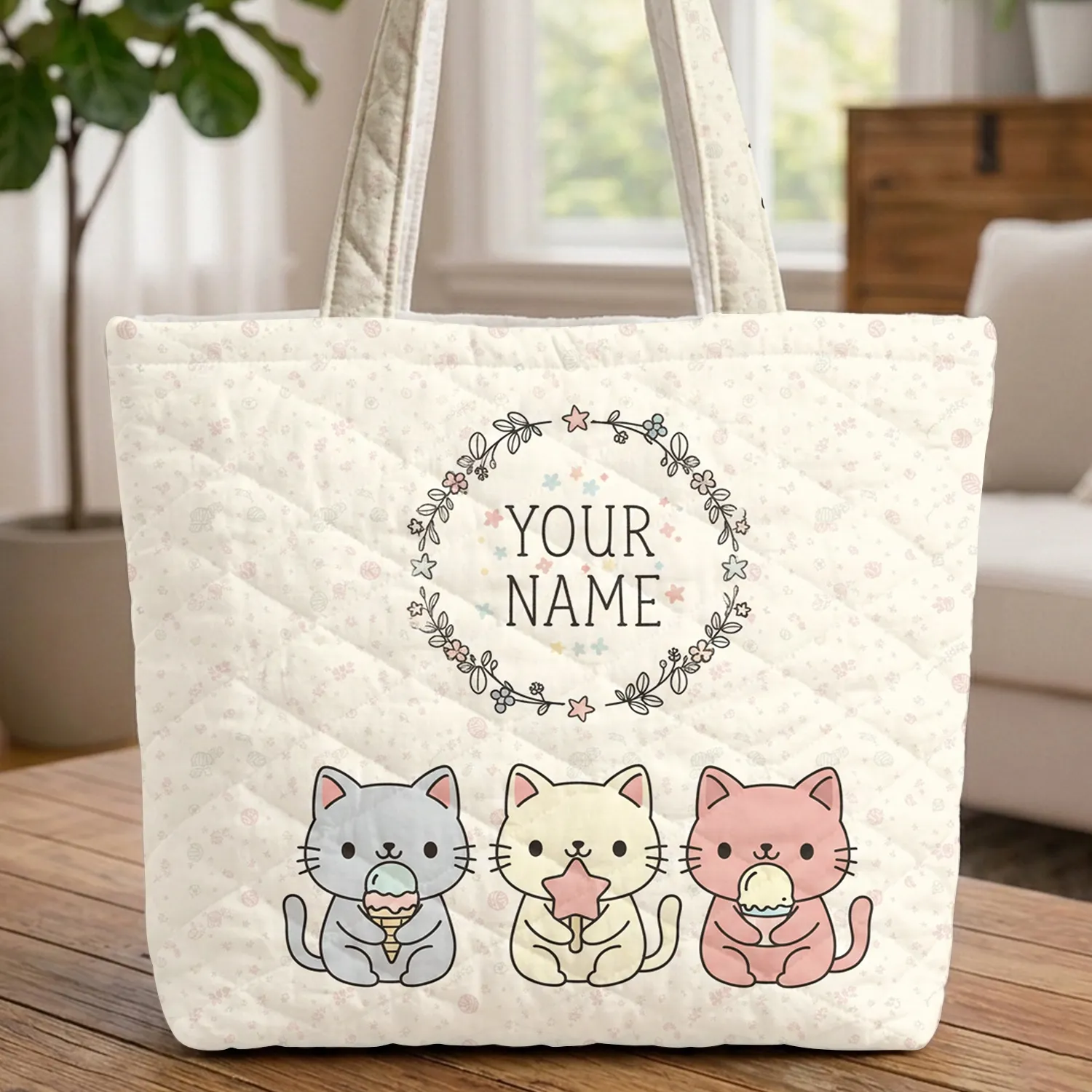 Chibi Cats Ice Cream Paw Print Fish Bones Yarn Balls - Everyday Carry for Cat Lover Quilted Tote Bag - 1