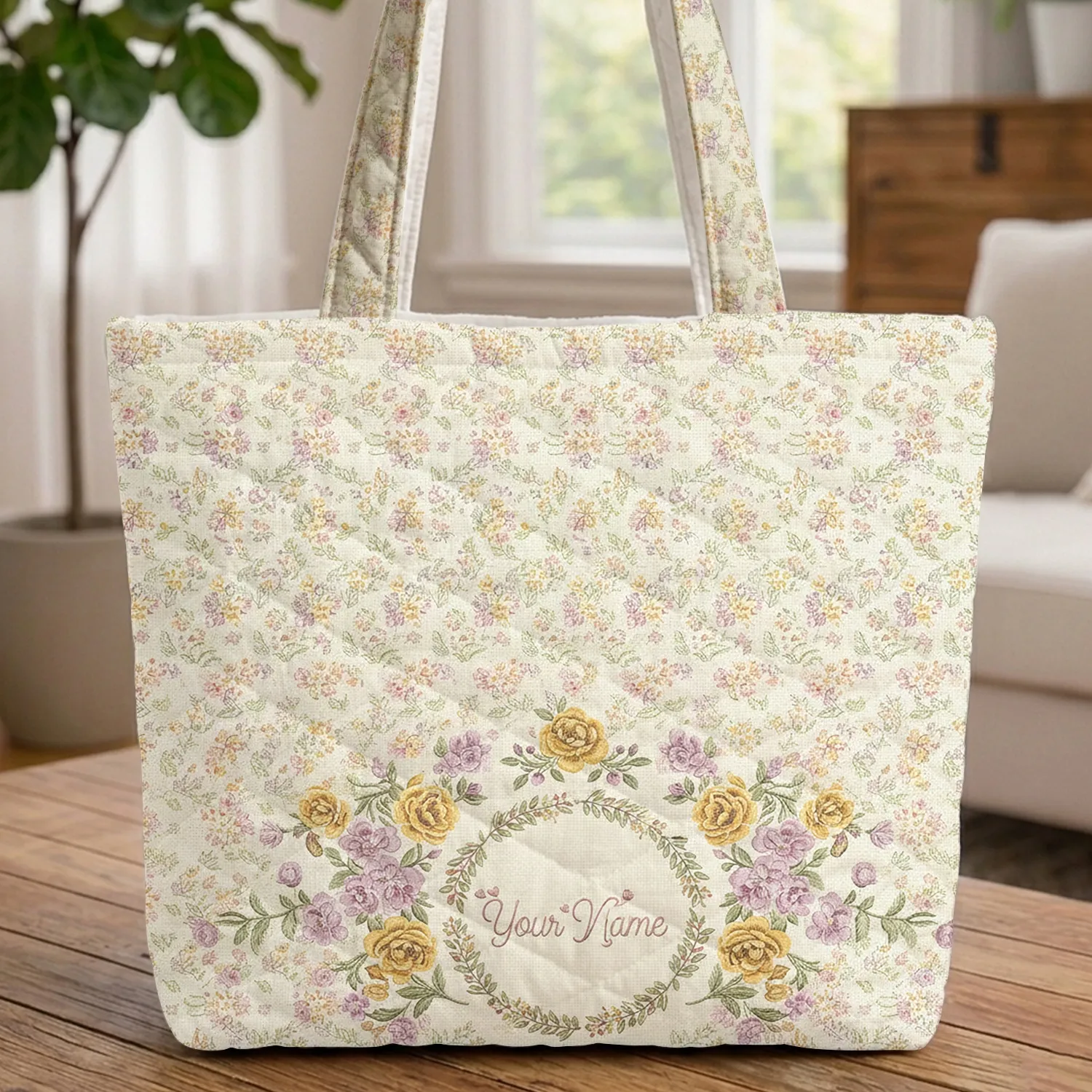 Personalized Pastel Floral Bouquet Scattered Flowers - Everyday Carry Gift Quilted Tote Bag - 1
