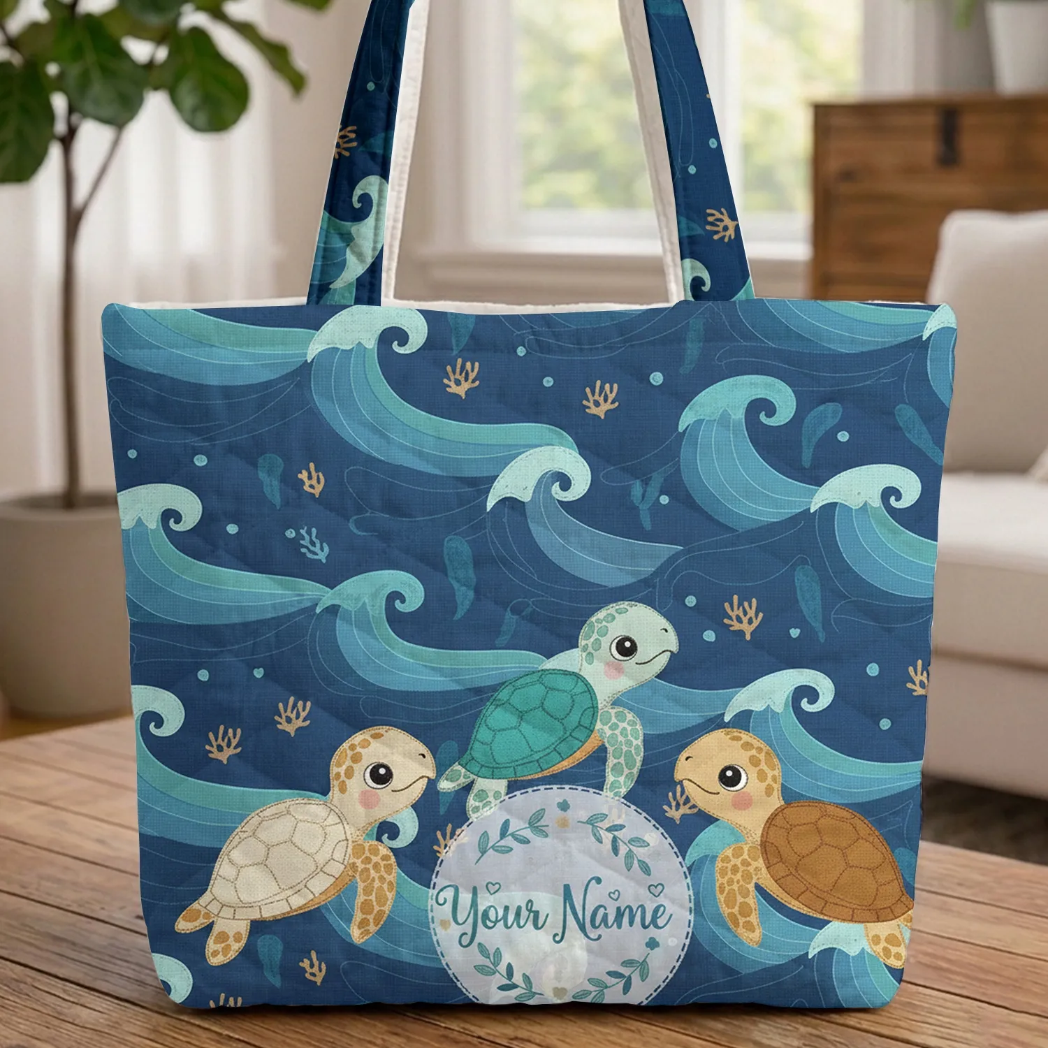 Sea Turtles Ocean Waves Coral Garland - Everyday Carry Gift for Ocean Lover Quilted Tote Bag - 1