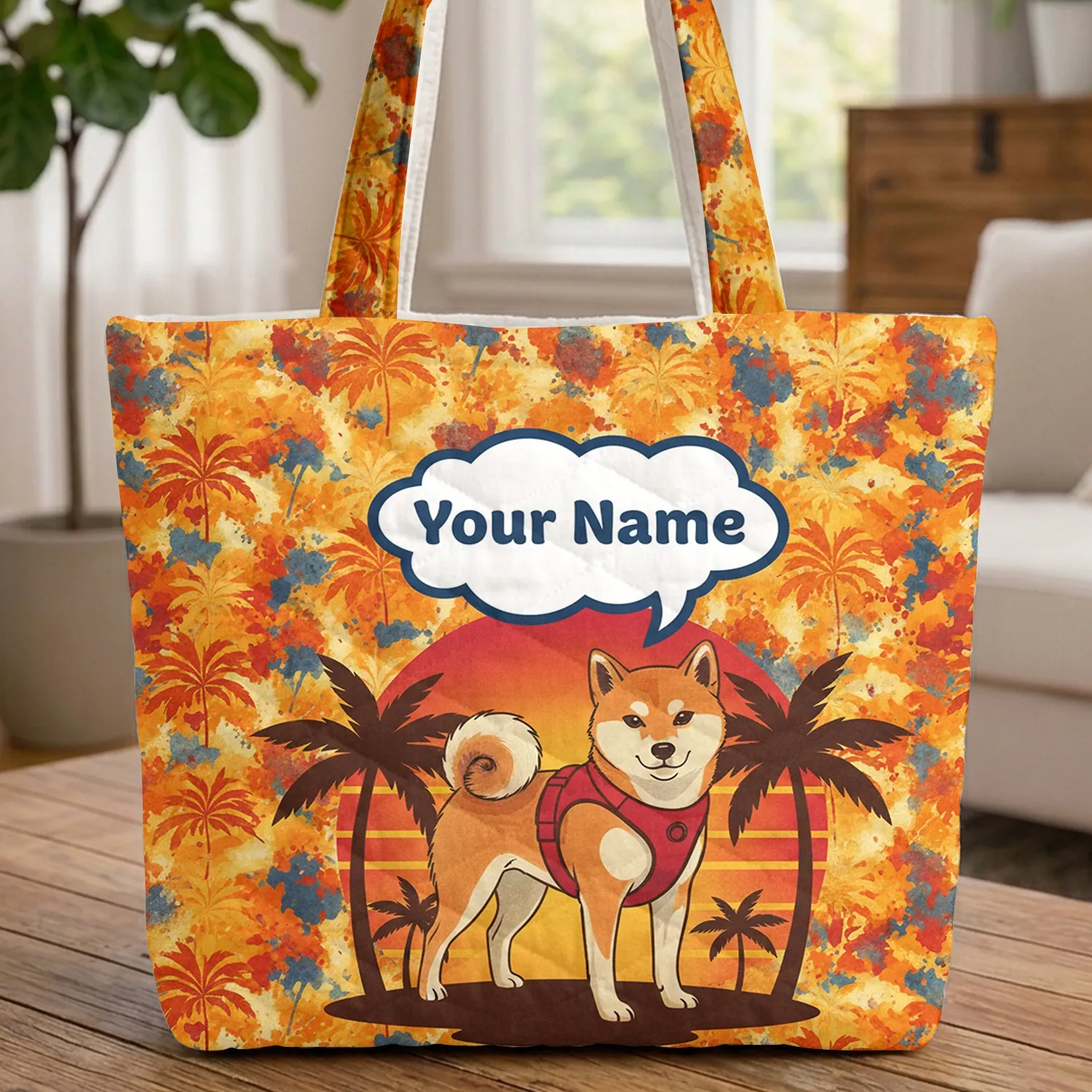 Shiba Inu Tropical Sunset Palm - Everyday Carry Gift for Dog Lover Quilted Tote Bag - 1