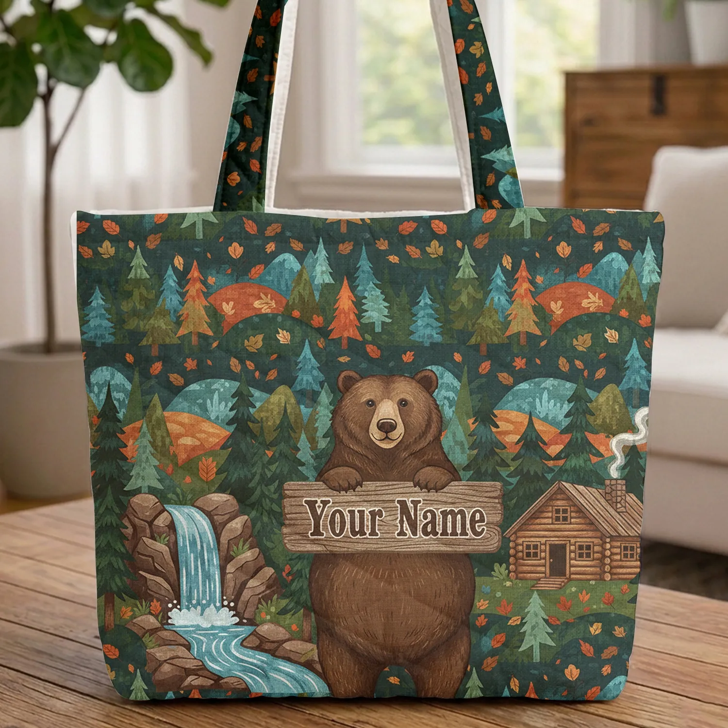 Brown Bear Personalized Name Log Cabin Waterfall - Wildlife Lover Everyday Carry Gift Quilted Tote Bag - 1