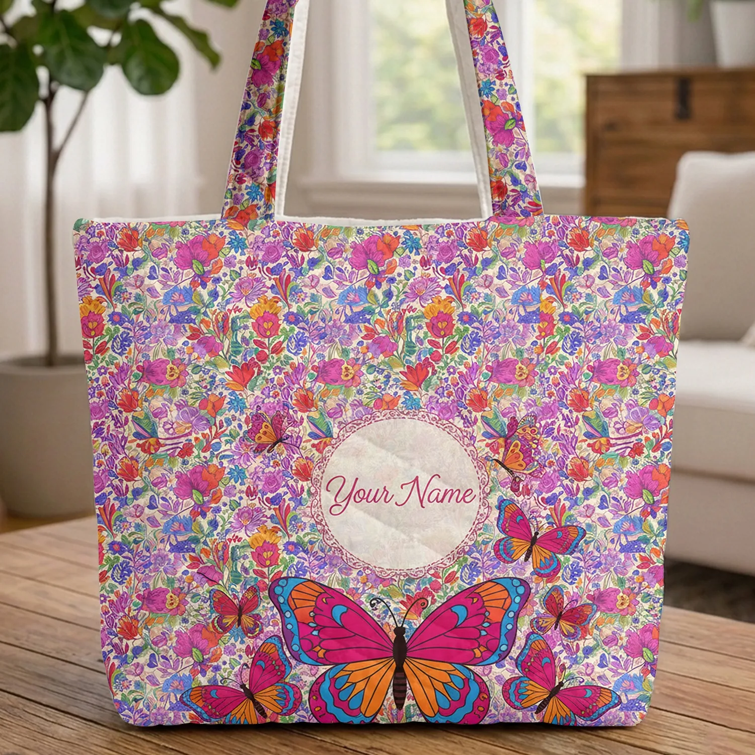Ornate Butterfly Floral Leaves Circular Border Everyday Carry Gift for Her Quilted Tote Bag - 1