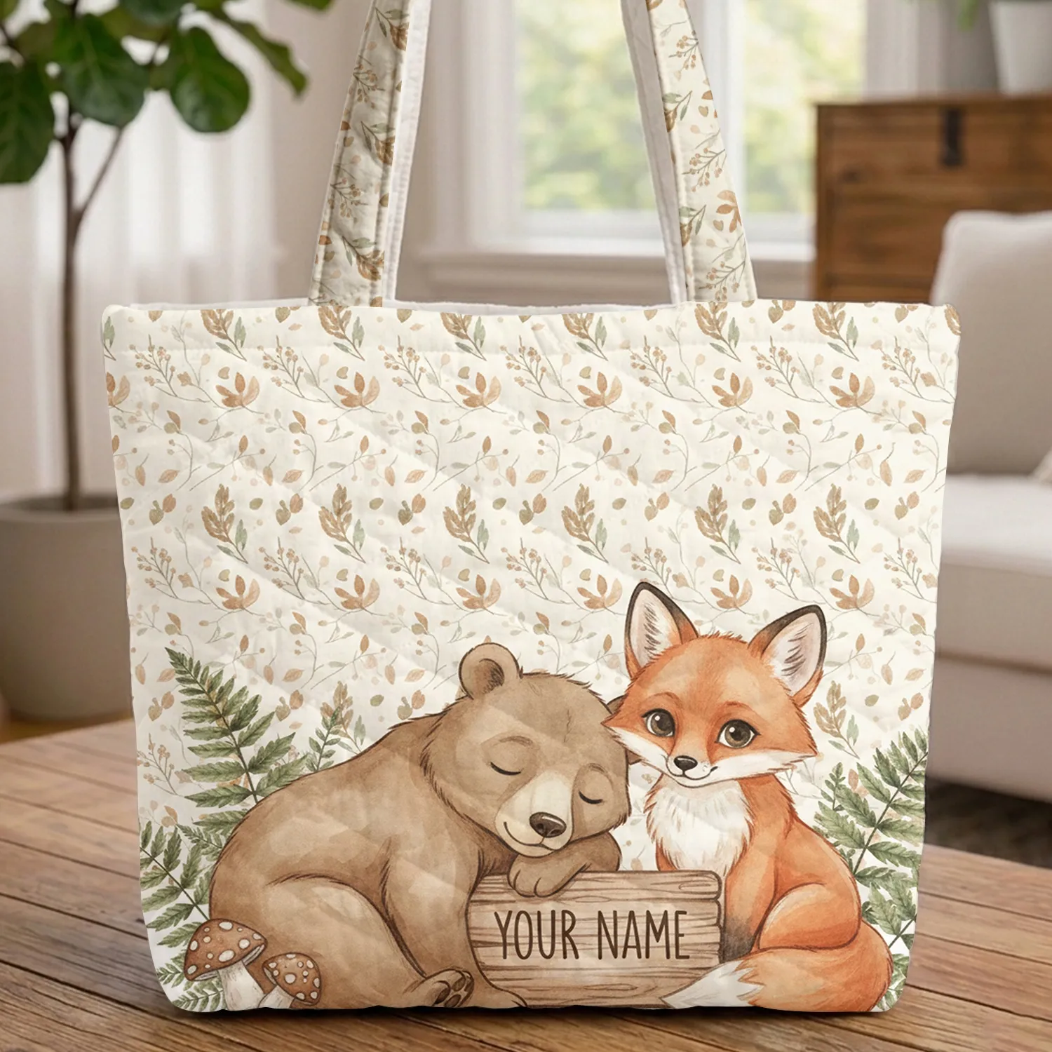 Brown Bear Cub Red Fox Kit Autumn Leaves Woodland - Everyday Carry Gift Quilted Tote Bag - 1