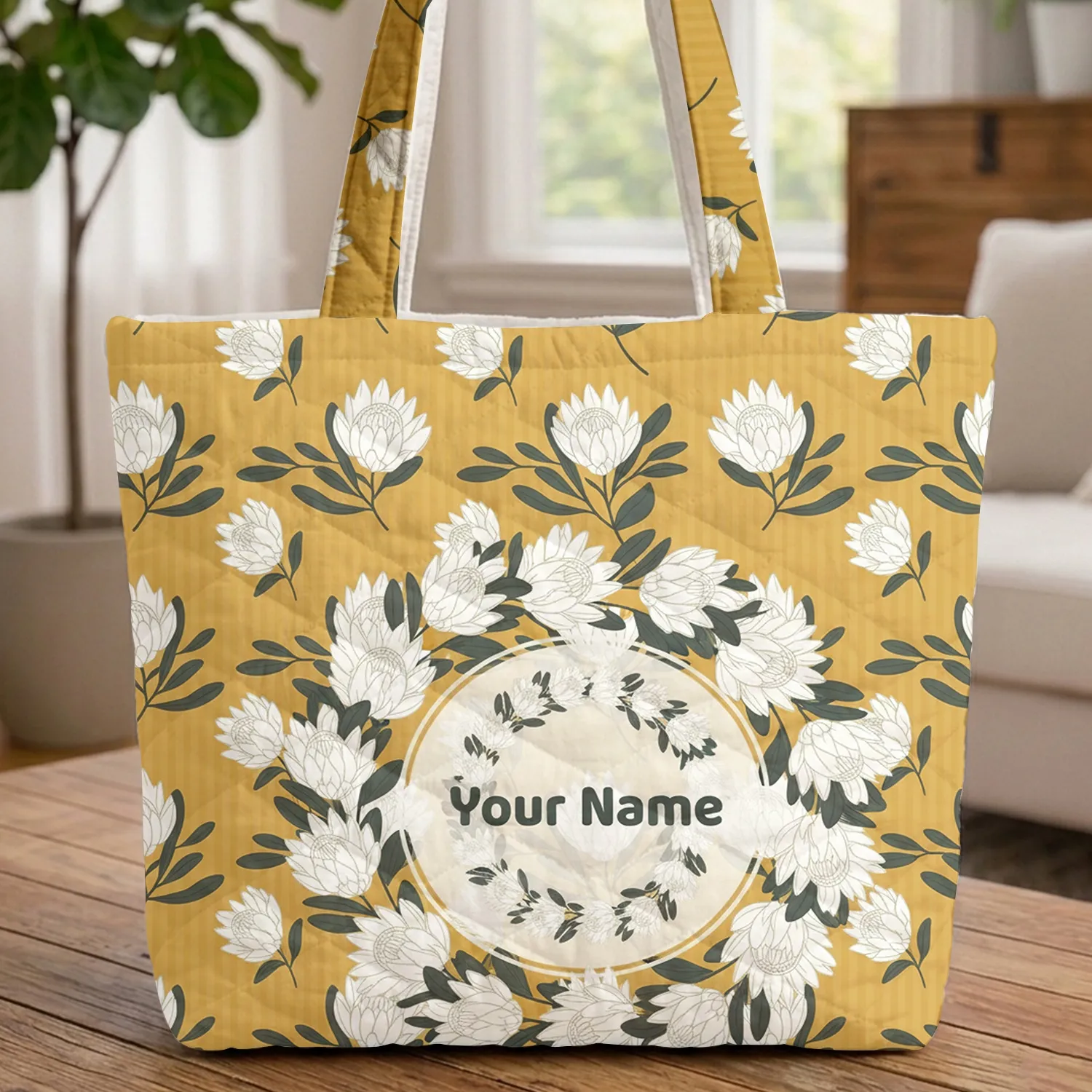 Protea Botanical Flowers Wreath Name - Everyday Carry Gift Quilted Tote Bag - 1