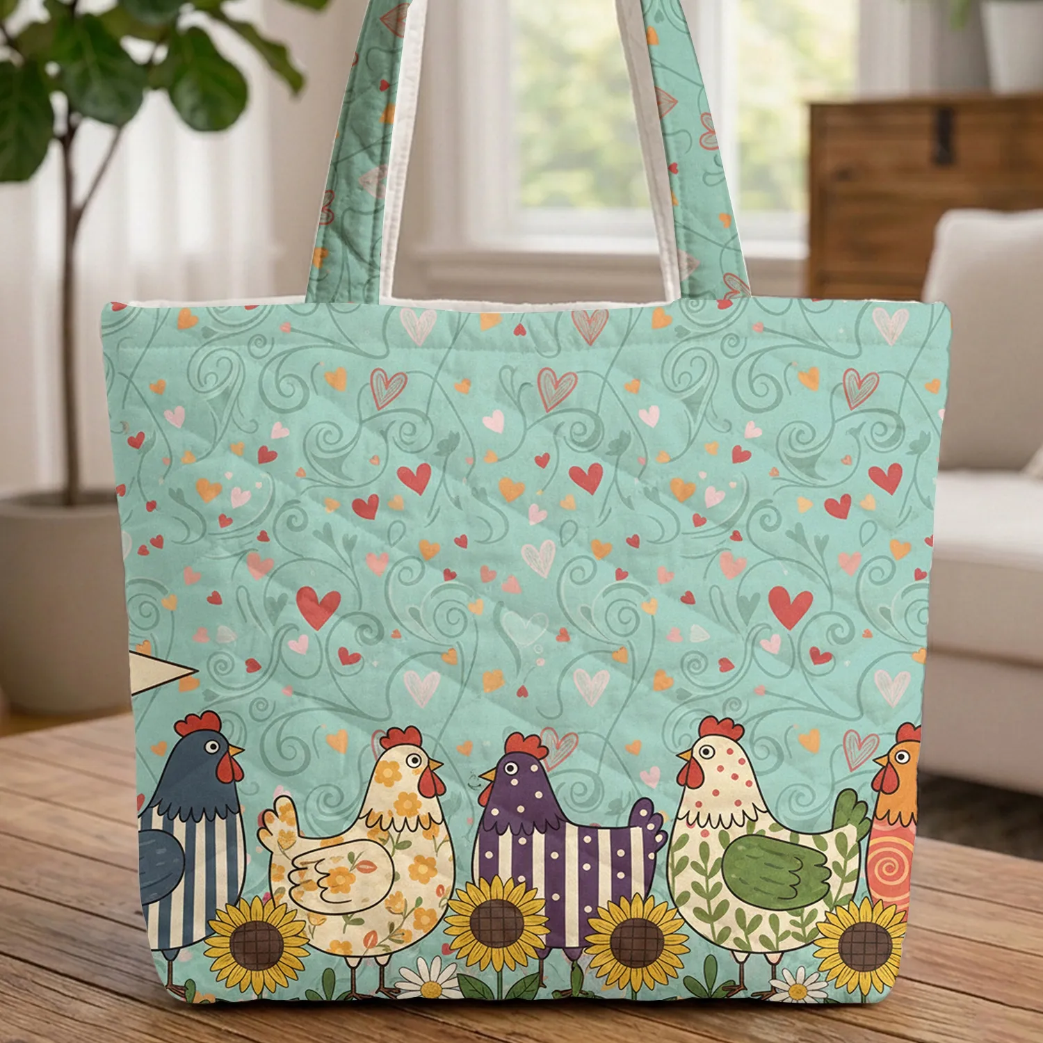 Folk Art Chickens Sunflowers Hearts - Everyday Carry Gift Quilted Tote Bag - 1