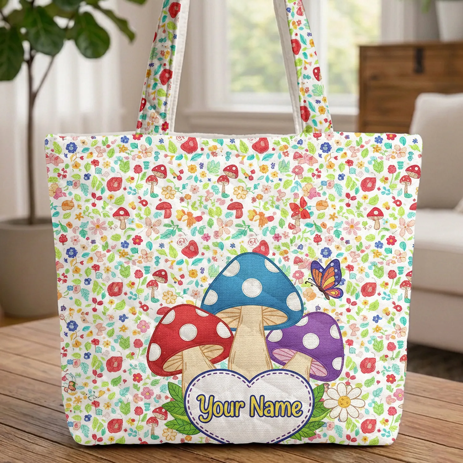 Colorful Red Blue Purple Polka Dot Mushrooms Daisy Butterfly Heart Name - Everyday Carry Gift for Girls Quilted Tote Bag - 1