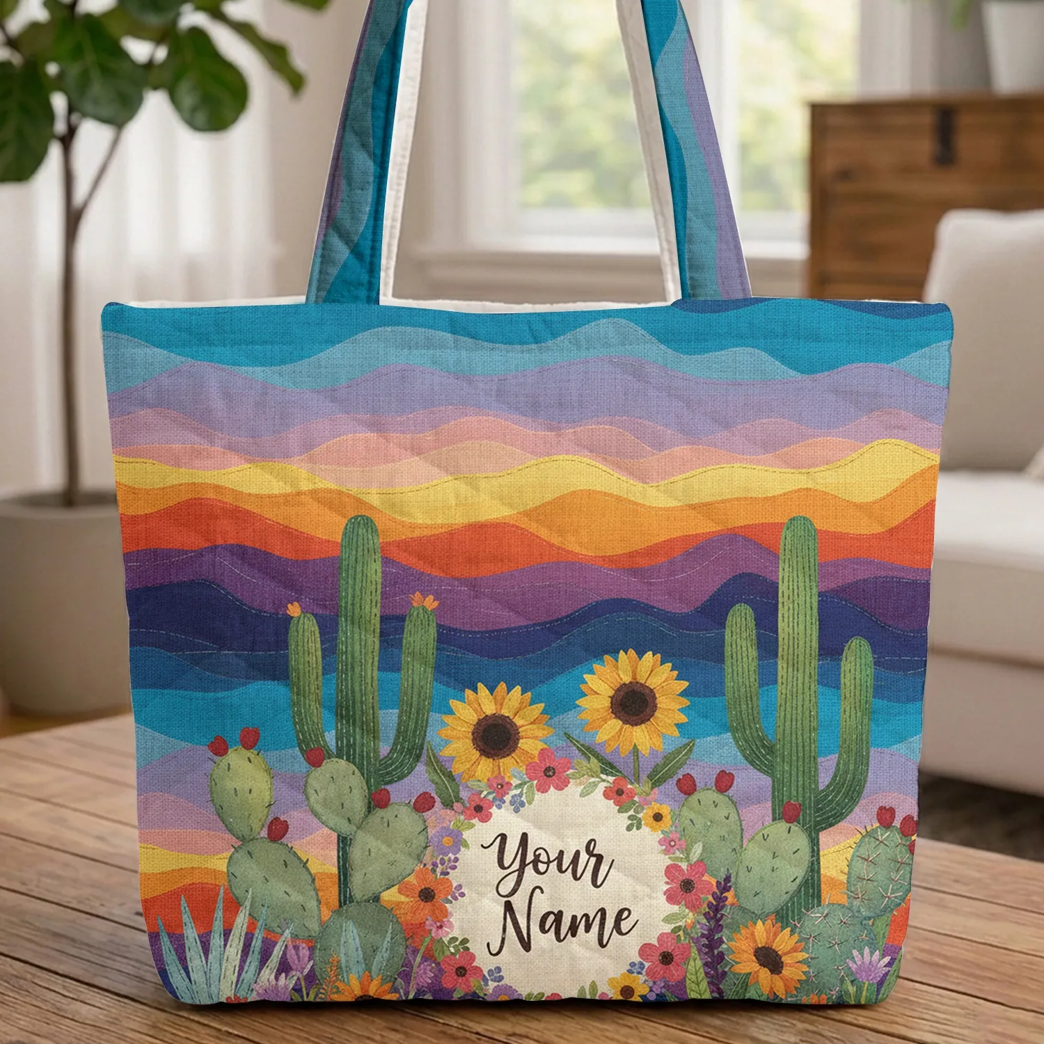 Desert Landscape Saguaro Floral Wreath Custom Name - Everyday Carry Gift Quilted Tote Bag - 1