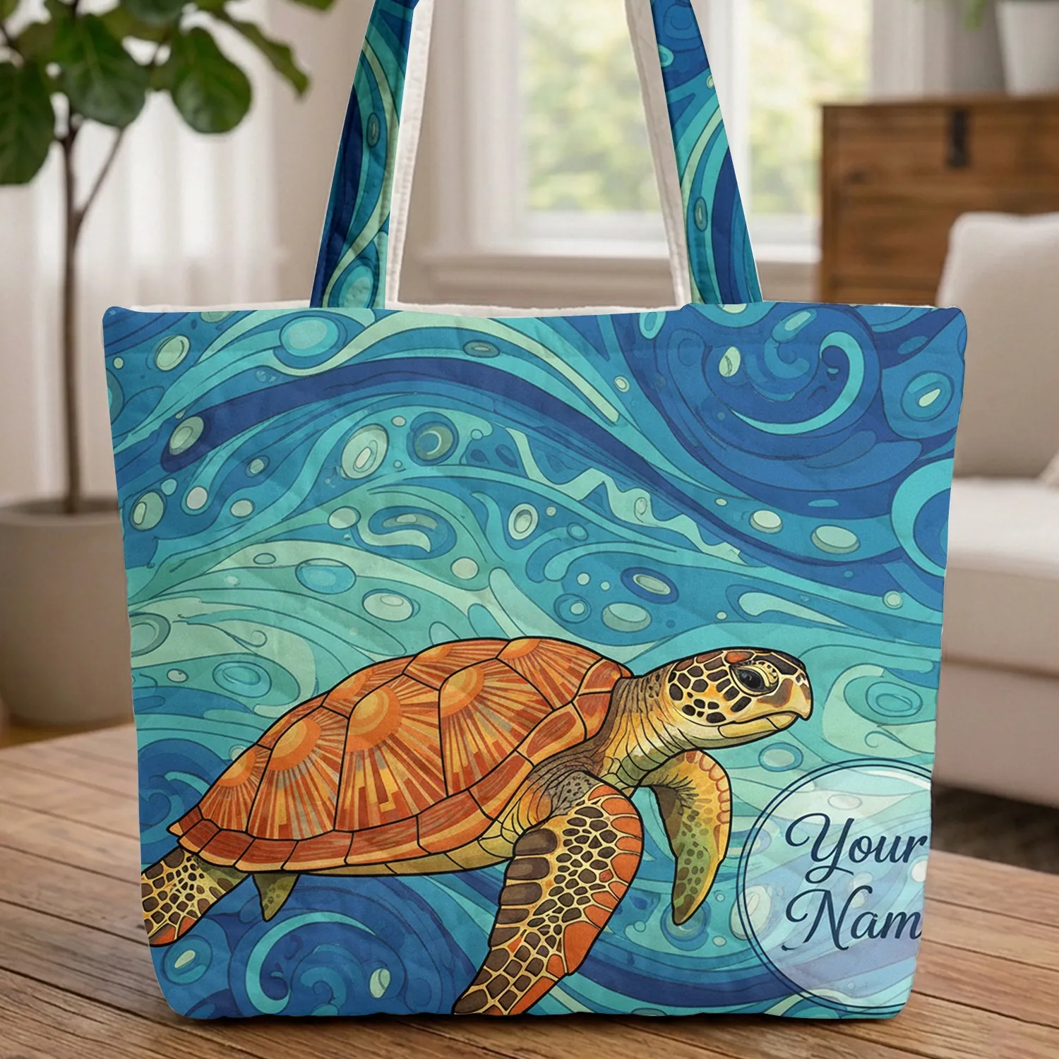 Sea Turtle Ocean Currents Personalized Name Medallion - Wildlife Lover Gift Quilted Tote Bag - 1