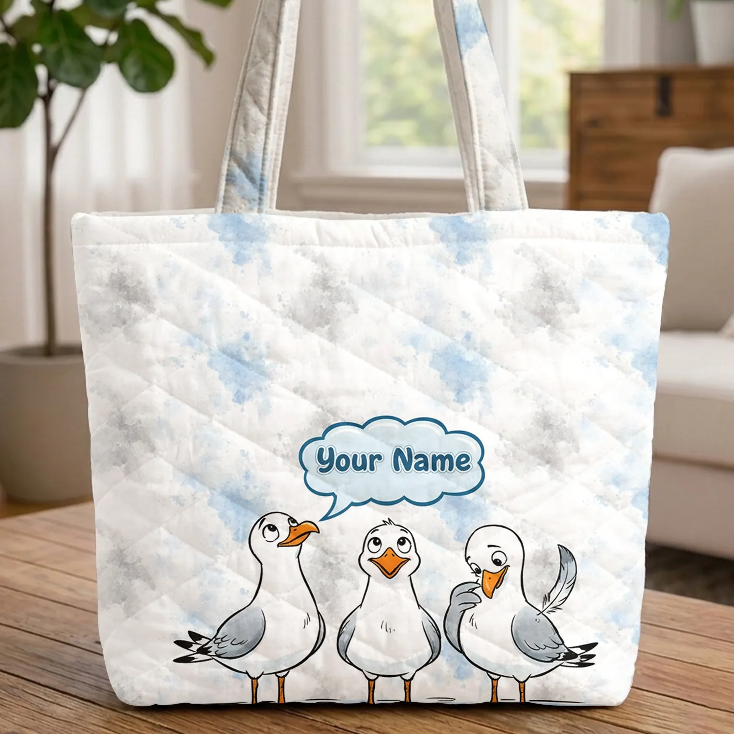 Expressive Cartoon Seagulls Cloud Speech Bubble - Travel Essentials Quilted Tote Bag - 1