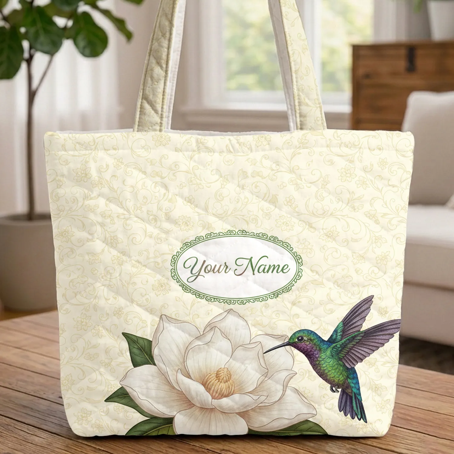 White Magnolia Iridescent Hummingbird Swirling Botanical Floral - Everyday Carry Gift Quilted Tote Bag - 1