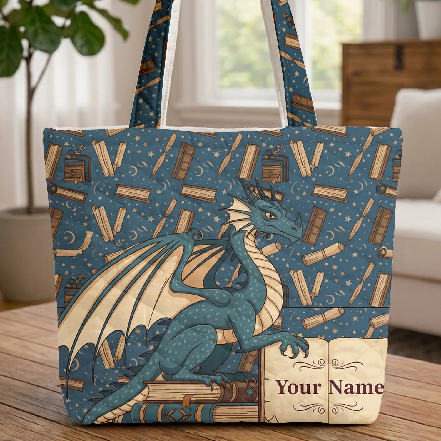 Blue Dragon Antique Books Journal - Fantasy Book Lover Everyday Carry Gift Quilted Tote Bag - 1
