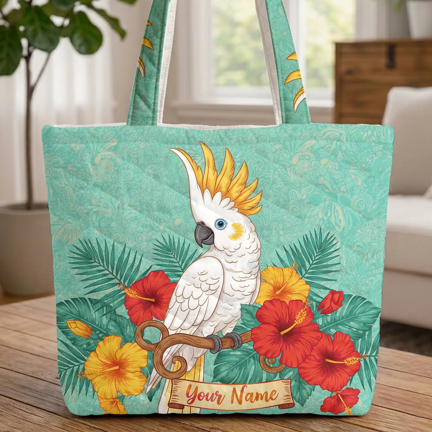 White Cockatoo Hibiscus Tropical Palm Fronds - Wildlife Lover Everyday Carry Gift Quilted Tote Bag - 1
