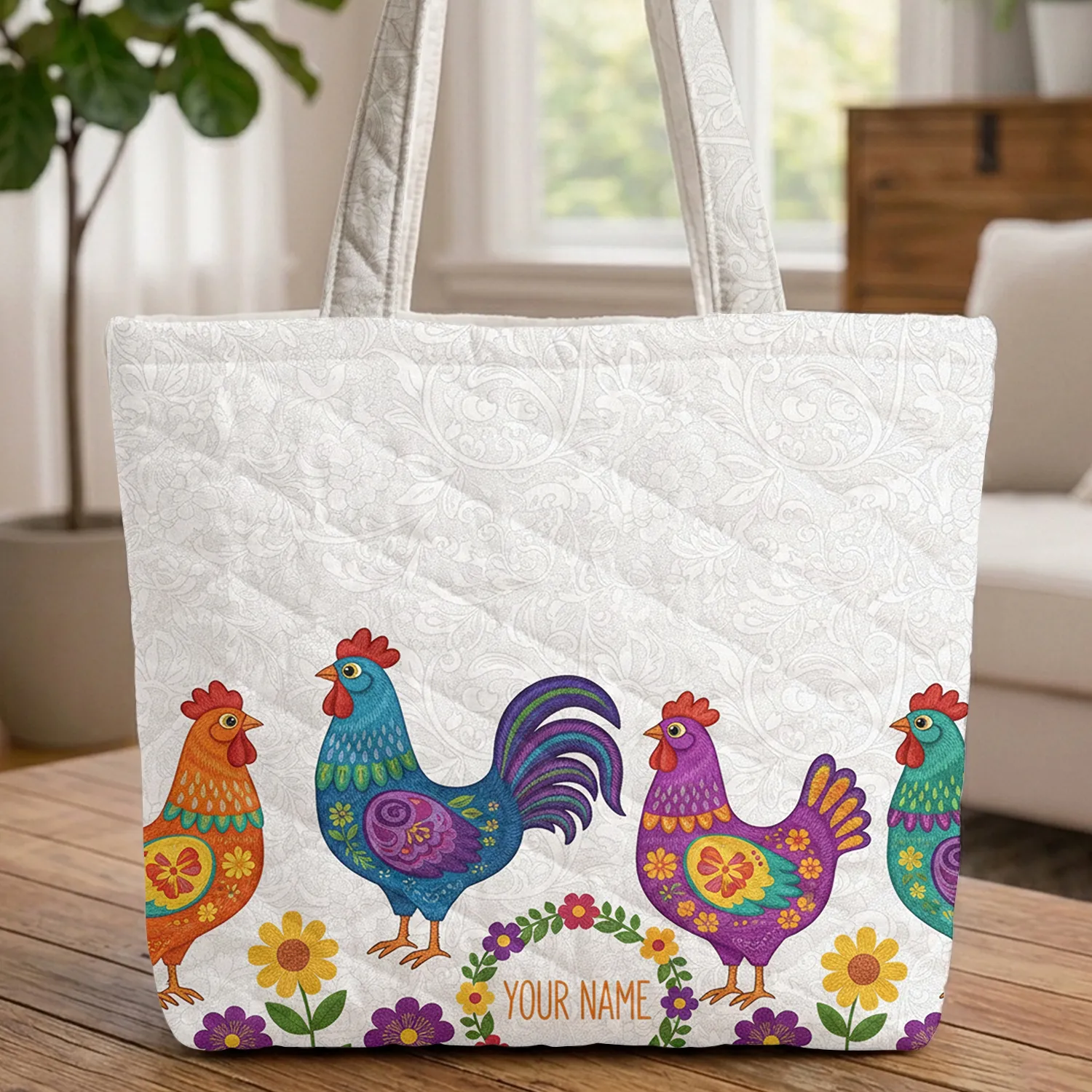 Chickens Roosters Wildflowers Personalized Name Floral Vines - Everyday Carry Gift Quilted Tote Bag - 1