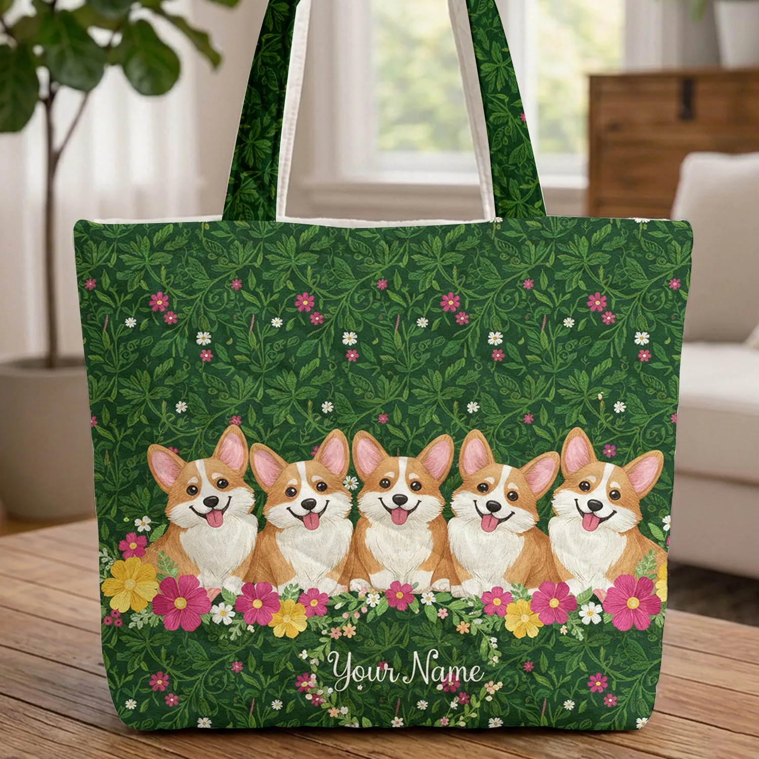 Five Corgi Dogs Floral Wreath Personalized Name - Corgi Lover Everyday Carry Gift Quilted Tote Bag - 1