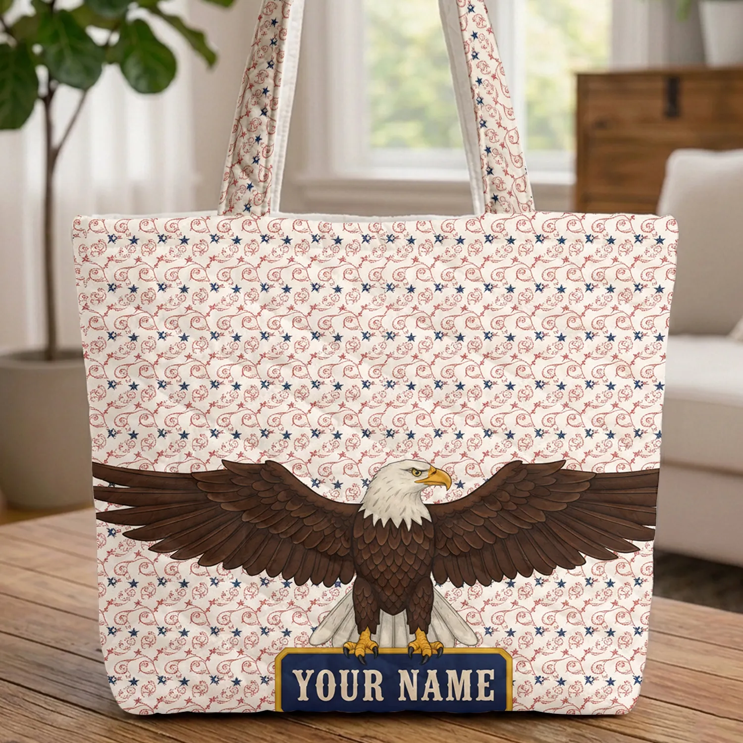 Bald Eagle Vintage Enamel Plaque Patriotic Stars - Everyday Carry Gift Quilted Tote Bag - 1