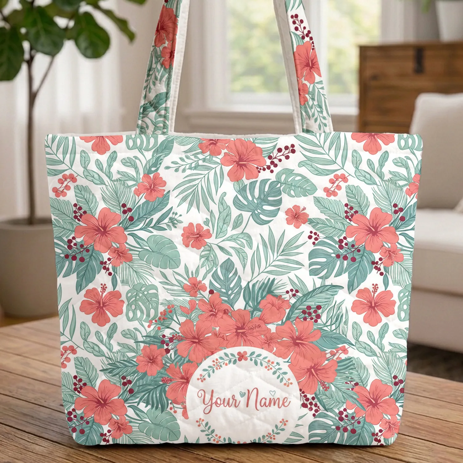 Vibrant Hibiscus Tropical Leaves Floral Bouquet Named Wreath - Everyday Carry Gift Quilted Tote Bag - 1