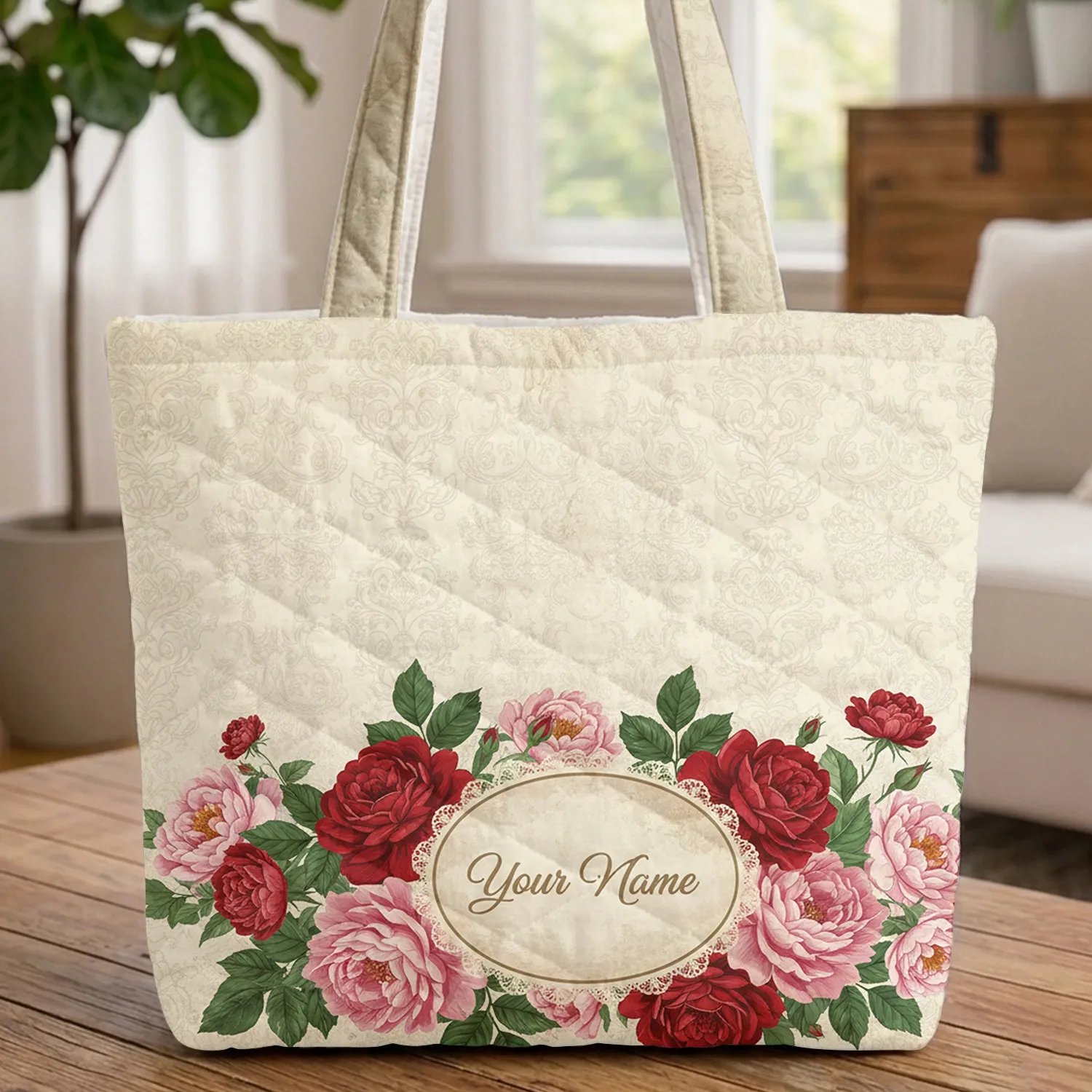 Rococo Floral Wreath Red Roses Peonies Lace Name - Everyday Carry Gift Quilted Tote Bag - 1