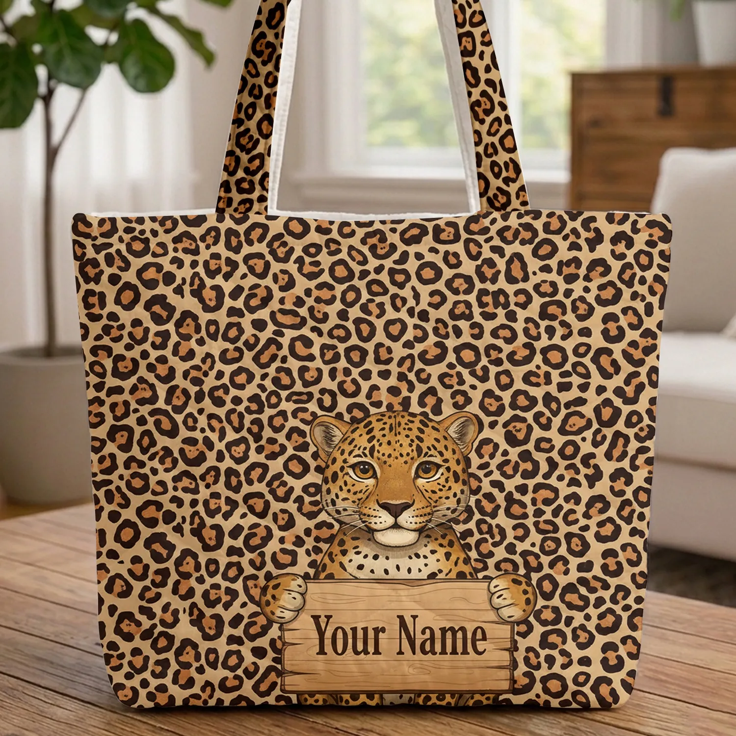 Brown Leopard Spot Nameplate with Friendly Sitting Leopard - Everyday Carry Gift for Wildlife Lovers Quilted Tote Bag - 1