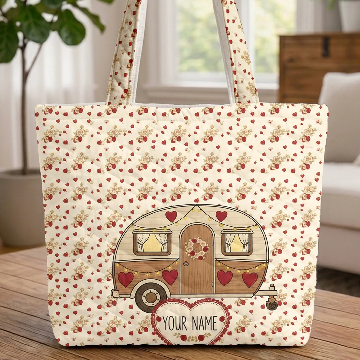 Vintage Camper Van Rose Garlands String Lights Red Hearts - Travel Essentials Gift for Camper Lover Quilted Tote Bag - 1