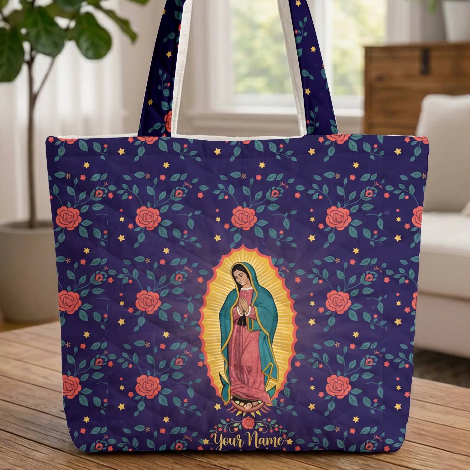 Our Lady of Guadalupe Personalized Golden Stars Roses Everyday Carry Quilted Tote Bag - 1