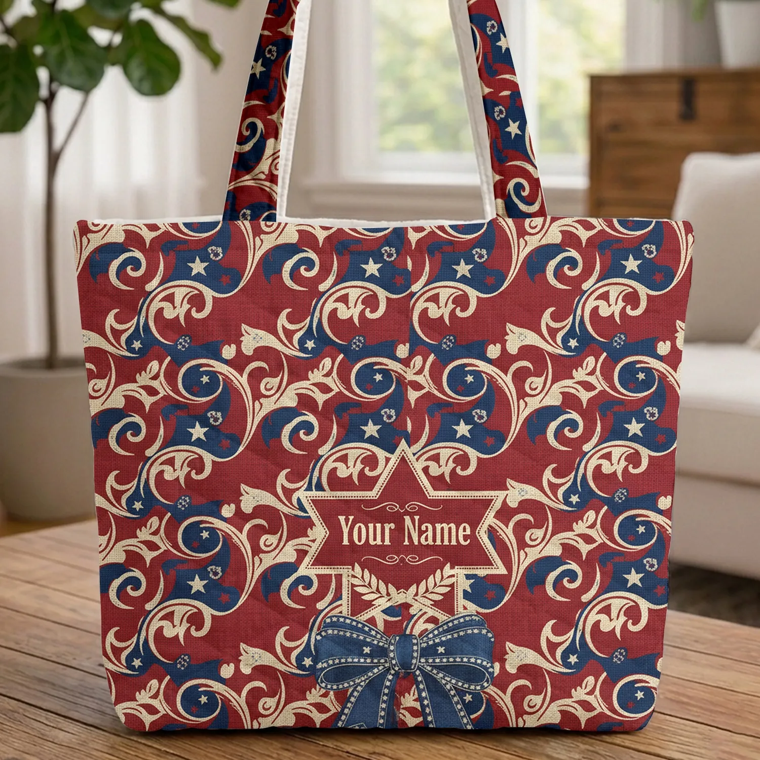 Patriotic Scrollwork Ornate Bow Star Cartouche - Independence Day Everyday Carry Gift Quilted Tote Bag - 1