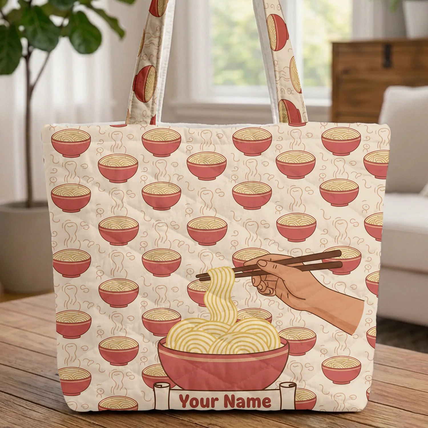 Ramen Bowl Chopsticks Personalized Name - Everyday Carry Gift for Foodie Quilted Tote Bag - 1