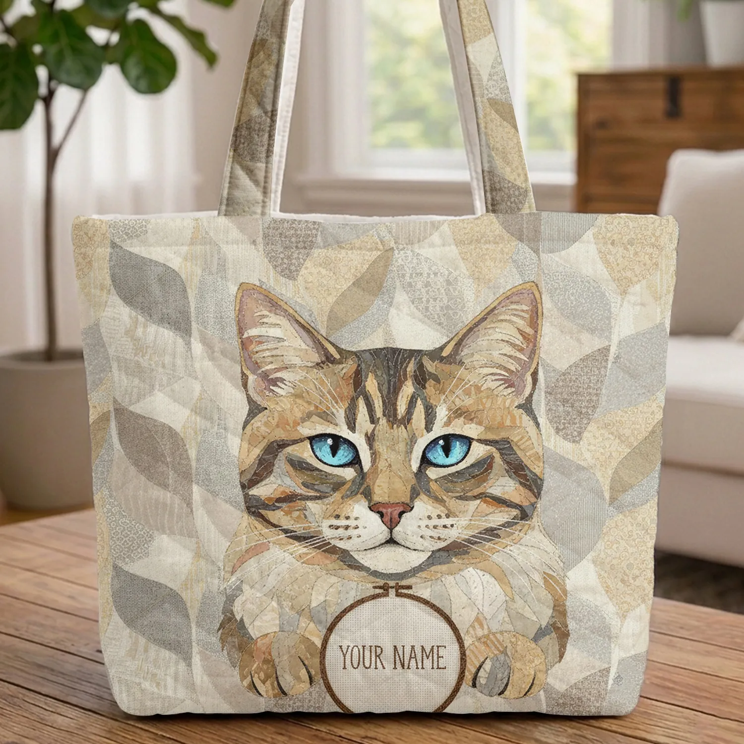 Majestic Cat Bust Hoop Frame Name - Everyday Carry Gift for Cat Lover Quilted Tote Bag - 1