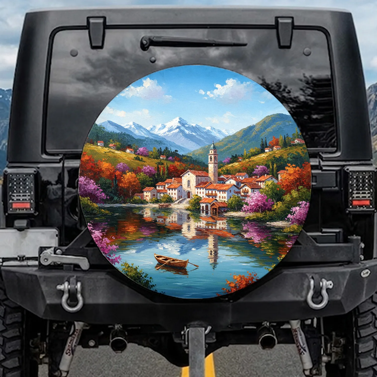 Italianate Village Mountain Lake Bell Tower Terracotta Roofs Flowering Trees - Travel Essentials Spare Tire Cover - 1