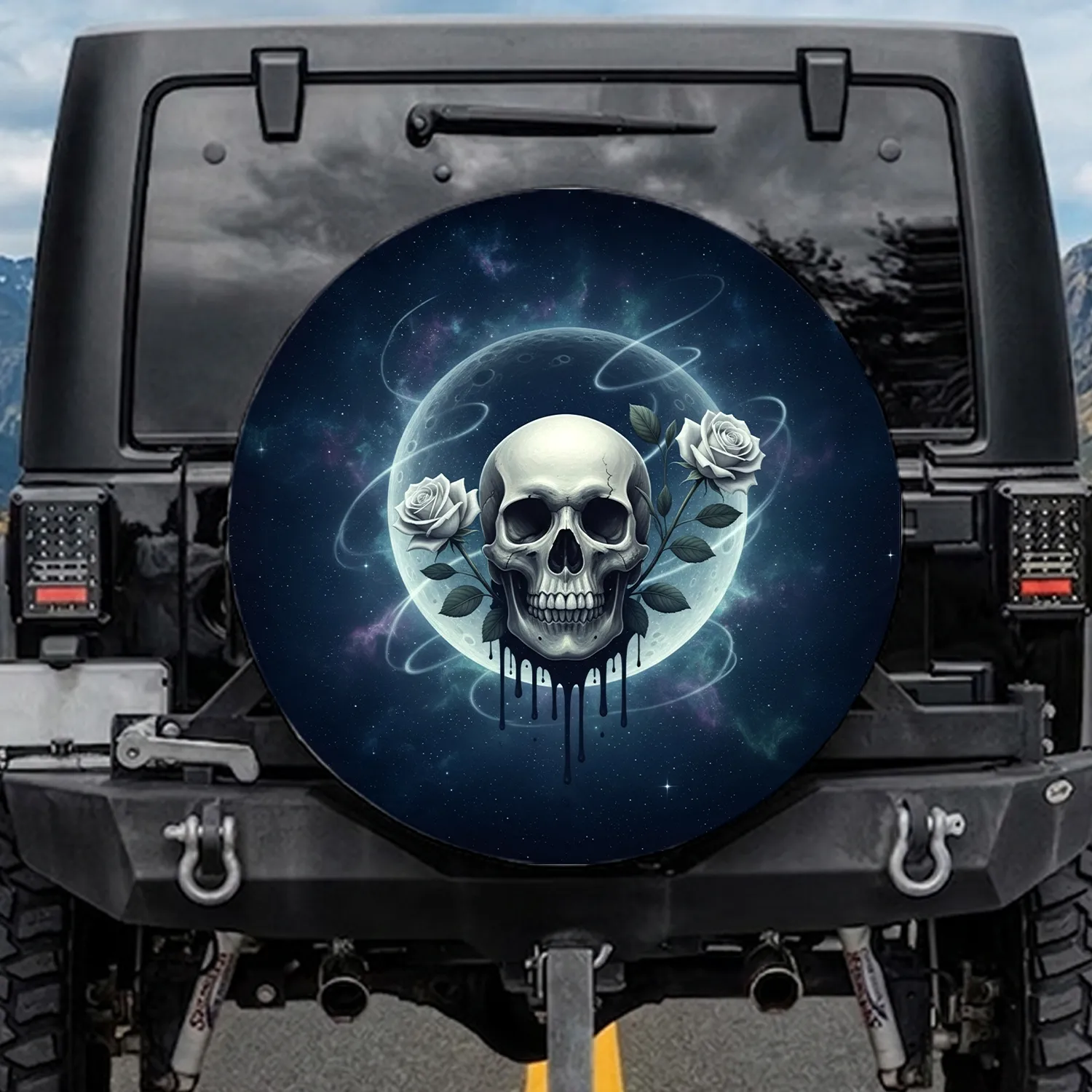 Deep Navy Blue Human Skull White Roses Crescent Moon - Expansive Night Sky Decor Gift Spare Tire Cover - 1