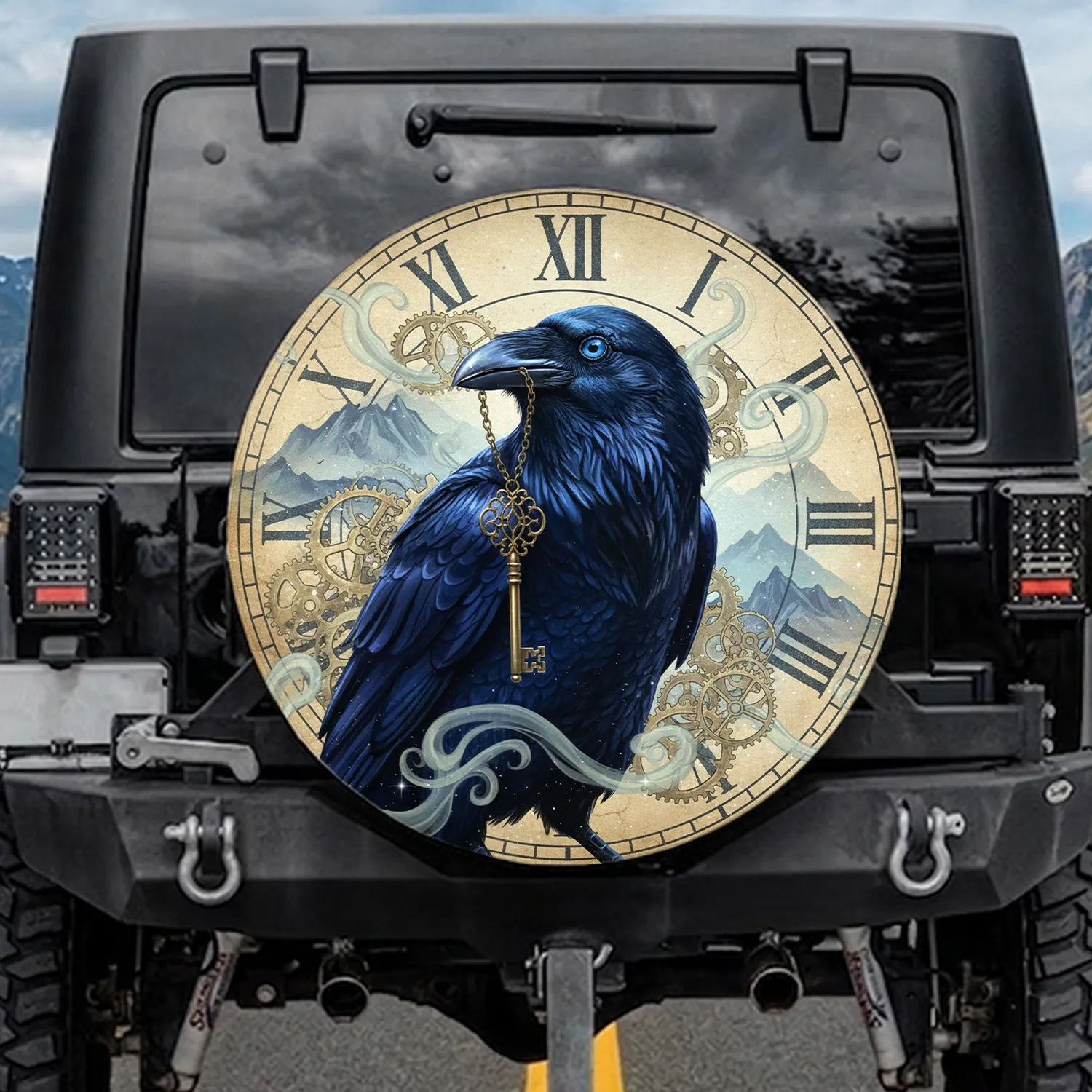 Realistic Raven Golden Skeleton Key Antique Clockwork Gears Roman Numerals - Mystical Car Accessory Gift Spare Tire Cover - 1